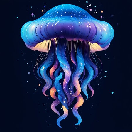 Score_9, score_8_up, score_7_up, score_6_up, BREAK  <lora:Flat_Cartoon_IllustrationPony:1> ArsMJStyle, Flat Cartoon Illustration, The image shows a blue jellyfish floating in the ocean with stars in the background creating a beautiful and serene atmosphere., no humans, blue background, tentacles, jellyfish, simple background, black background, artist name, full body