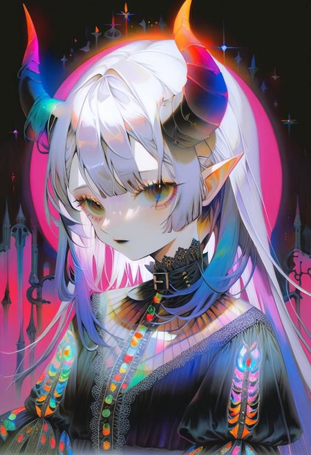 by yogisya  pale demon girl , prismatic coloring, holographic vibe, chromatic black lace blouse, gothic background, (long straight horns:1.2)