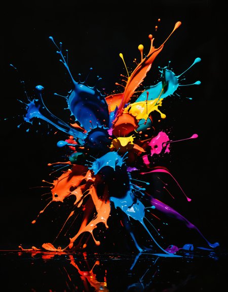 zavy-splsh, paint splash, blobs of paint in black back background, many colors, colorful, abstract art, max quality, 4k, HDR, neon lights
