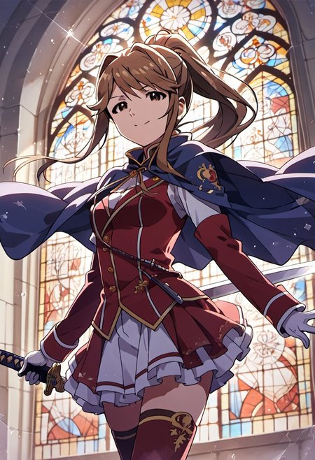 score_9, score_8_up, score_7_up, source_anime,tenkubashi tomoka, brown hair, brown eyes, 1girl, sword, weapon, thighhighs, long hair, gloves, rapier, cape, smile, stained glass, solo, ponytail