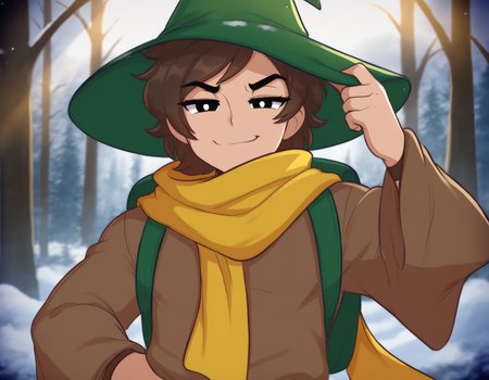 masterpiece, very awa, best quality, newest, absurdres, highres, animification, 
detailed background, outdoors, forest, winter day, light rays, light particles, snowing, 
1boy, solo, muscular male, 
black eyes, white pupils, brown hair, short hair, mullet, flat chest, spiked hair, medium eyebrows, visible ears, 
standing, tachi-e arms at sides, three quarter view, smug, smirk, half-closed eyes, looking at viewer, brown robe, green backpack, large yellow scarf, green wizard hat, hand on own hat,
<lora:bigusmixv6:1>