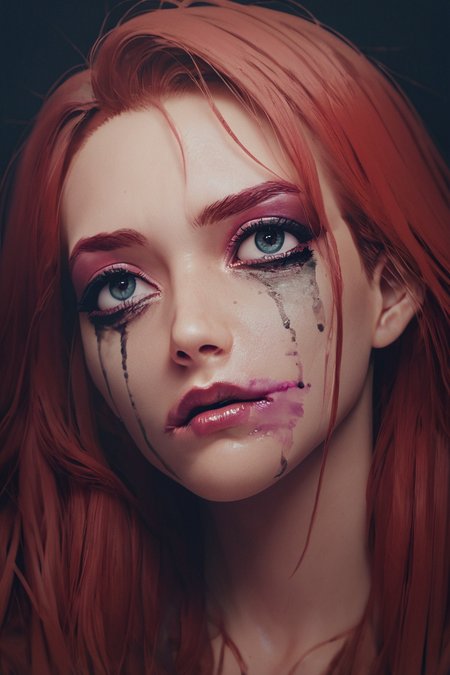 score_9, score_8_up, score_7_up, cartoon,
smearedmakeup, woman, pink makeup, dark background, dramatic light, hard shadows, red hair, long hair, 
masterpiece, best quality,
 <lora:Smeared-Makeup-PDXL-000005:0.8>