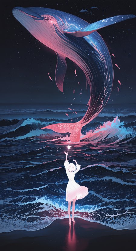 masterpiece, best quality, good quality, very awa, newest, highres, absurdres, 1girl, solo, dress, standing, white hair, sky, barefoot, white dress, water, arm up, arms up, night, ocean, animal, star \(sky\), night sky, scenery, starry sky, fish, wide shot, waves, oversized animal, whale, flying fish, limited palette, sketch, glowing, psychedelic, <lora:illustriousXL_stabilizer_v1.23:0.3> <lora:NOOB_vp1_detailer_by_volnovik_v1:0.3> <lora:ponyv6_noobE11_2_adamW-000017:0.3> <lora:114558v4df2fsdf5:1> <lora:mon_monmon2133:0.6>