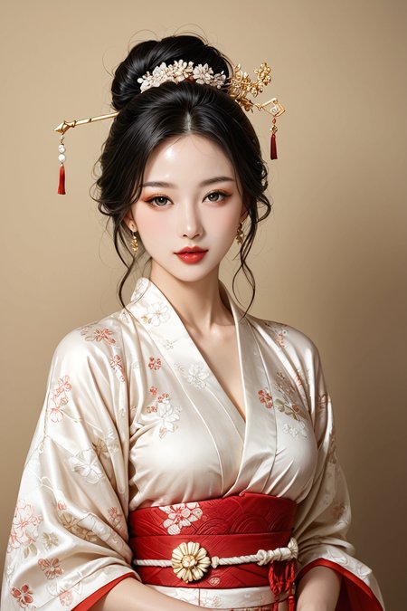Beautiful colored portrait of a traditional Japanese geisha with a smooth, porcelain-white face, accentuated by delicate red and black makeup around the eyes and small, red lips in a precise, stylized shape. She wears an elaborate Shimada hairstyle, with her black hair elegantly pulled back into a high bun, adorned with ornate Kanzashi hairpins and combs made of tortoiseshell and silk. Her attire is a vibrant, intricately patterned silk kimono, featuring rich colors like deep red, gold, and black, with a wide obi belt tied in an elaborate knot at the back. The kimono sleeves are long and flowing, especially if she is a younger geisha, or 'NINI.' She is wearing traditional white tabi socks and raised wooden geta sandals. The overall appearance is refined, with every detail carefully chosen to reflect the grace and beauty of a traditional geisha. vivid colors, high contrast, dynamic, masterpiece, high quality, highly detailed, highly intricate, colored background, flowers, summer dress <lora:add-detail-xl:0.5>, <lora:Expressive_H-000001:1.2>, <lora:IzayoiLycoXL:0.3>, embedding:pureerosface_v1, A stunning real medium breasts Korean woman with long flowing dark hair, her piercing gaze directly addressing the viewer. score_9, score_8_up, score_7_up,  (ultra HD quality details), High Fashion,