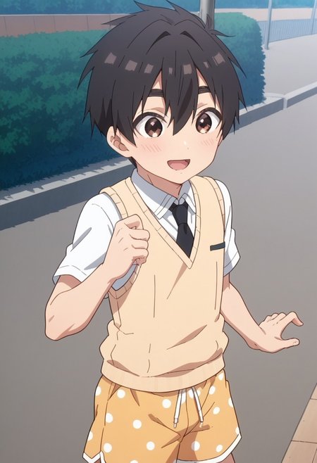 score_9, score_8up, 1boy, solo, smiling, outside, park, clapping, rentarou_aijou, black hair, brown eyes, short hair, hair between eyes, bangs, string vest, yellow shorts, polka dot shorts, dic style, vintage, cartoon