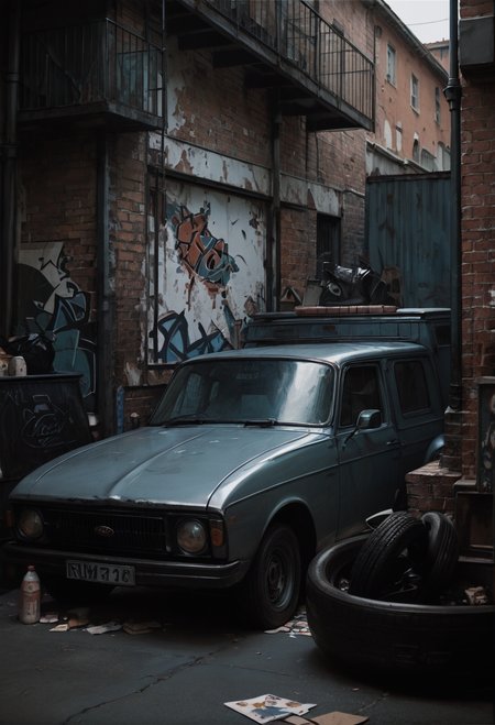 ,ruanyi0851,ground vehicle,brick wall,no humans,<lora:0851 abandoned vehicles V2_v1_pony:1>, score_9,score_8_up,score_7_up,,8k,1girl,solo,,