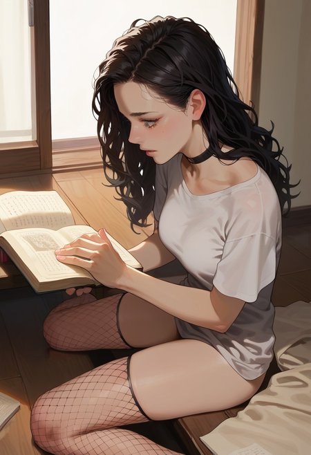 score_9, score_8_up, score_7_up,((masterpiece)), sharp focus, 1girl,solo, 18 y.o., black hair, curly hair, long hair, gray eyes, hd quality, high quality, detailing face, detailing body, in the large living ruoom, sunset light in window, deatiled apartament, sitting on the floor, black choker, gray t-shirt, long t-shirt, oversized t-shirt, fishnet stockings, in the lotus position, book on the floor, side view, holding book, looing in book, magic in air, from above