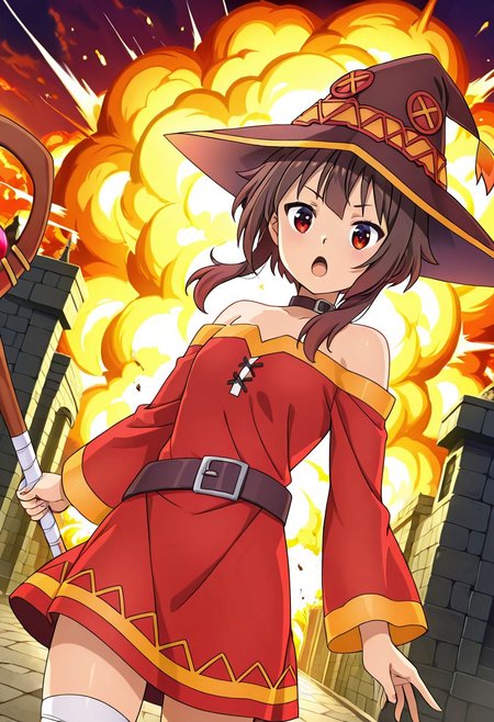 general,highres, ultra-detailed,very aesthetic,best quality ,best hands,best eyes,easynegative,
dynamic anglre, dutch angle, anime cloring,
1girl solo,looking at viewer,open mouth, holding staff, explosion, 
Megumin, brown_hair, red eyes, small breasts,witch hat,bare shoulders dress,
