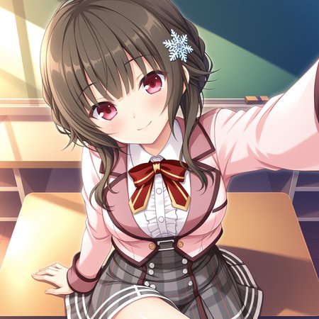 <lora:Amagamine_Renna_2_nai-000083:1>,Amagamine Renna,braid,snowflake hair ornament,
school uniform,plaid skirt,pink jacket,white shirt,long sleeves,grey skirt,center frills,cropped jacket,red bowtie,pleated skirt,
BREAK
1girl,solo,sitting,on desk,front view,looking at viewer,indoors,smile,arm support,head tilt,knee up,reaching towards viewers,