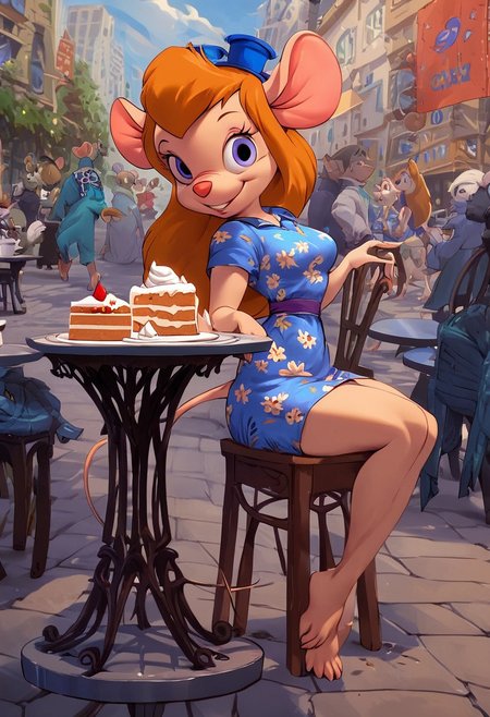 kftenhance, score_9, score_8_up, score_7_up, score_6_up, score_5_up, score_4_up
Day, city street, city background, Cafe, crowded, day
1gir, anthro mouse, gadget, medium perky breasts, short blue summer dress, flower print, makeup, smile, 3/4side view, sitting on chair at the table, cake and Coffee on the table, looking at view, barefoot