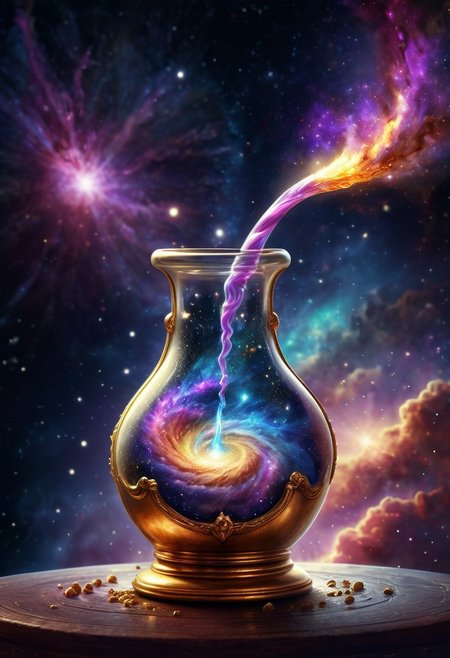 highly detailed image of a magical potion bottle pouring a galaxy into space, delicate, beautiful, extremely high quality image, HDR, fantasy, photo  Centered in Perfect Composition, Complex Details Showing Unique and Enchanting Elements, Very Detailed Digital Painting, Golden Ratio, Dramatic Lighting, Very Realistic,