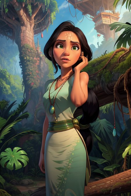 Dawn,black hair,green eyes, long hair,ponytail.
necklace,dress,handwrap,sandals, cowboy shot,
solo, standing, upper body,  happy
tropical forest,  treehouse,
(insanely detailed, beautiful detailed face, masterpiece, best quality)    <lora:Dawn:0.8>