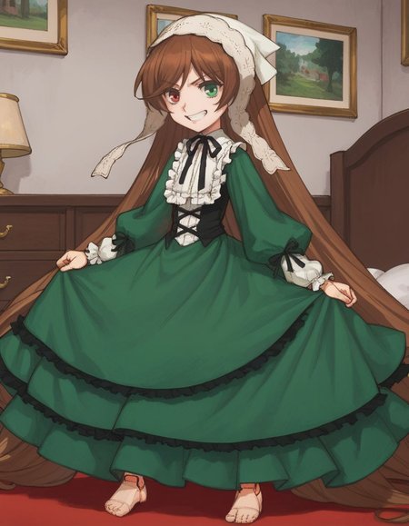 score_9, score_8_up, score_7_up, masterpiece, 
<lora:FSR:1>, seiza, full body, female child, solo, evil, grin, bedroom,  
fsr,  <lora:suiseiseki.pony:1>, suiseiseki, doll joints, bonnet, head scarf, ribbon, green dress, corset