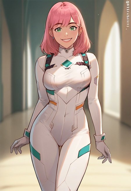 score_8, score_9, source_cartoon, source_anime, celshaded, rating_questionable, full body, front view, looking at viewer, anniemei, medium pink hair, bangs, green eyes,medium breasts,looking at viewer, eye contact,
rim lighting, warm color tone, depth of field,
rating_explicit, intense, smiling, ((white bodysuit)), animei