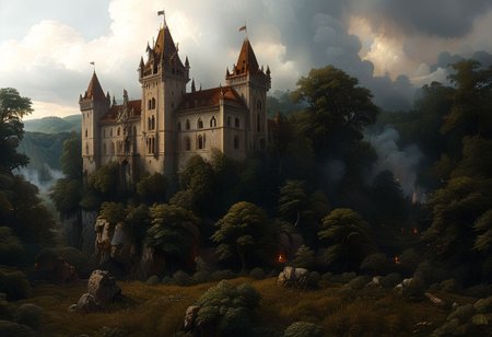 A Gothic castle with spires that reach towards the clouds, surrounded by a dark and mysterious forest,, Spotlighting, besieged by army, fires burning, soldiers storming ramparts, archers shooting arrows, battle raging, ambient occlusion, 8K, RTX 3090, trending on artstation, lumens  <lora:SDXLFaeTastic2400:0.8>  <lora:EnvyFeverDreamXL01a:0.7>   <lora:The_Classic:0.8>