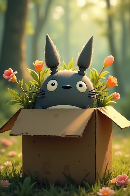 A whimsical scene of Totoro's curious face peeking out from a worn cardboard box. The box's flaps are slightly ajar, revealing the forest spirit's endearing expression. Soft light filters through the cardboard, casting a warm glow on Totoro's gentle features. In the background, a blurred forest landscape is visible, with trees and flowers seemingly bursting forth from the box itself.