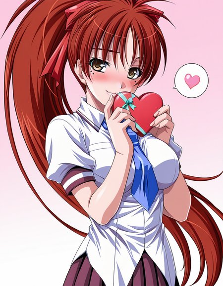 masterpiece, best quality, amazing quality, very aesthetic, absurdres, official art, ultra detailed,
1girl, koume_kaede, red hair, long hair, ponytail, hair ribbon, yellow eyes, mole under eye BREAK
school uniform, necktie, pleated skirt, untucked shirt, 
 lovestruck, shy smile, blush, head tilt, looking at viewer, spoken heart, standing, holding heart gift, hand over own mouth, gradient background, pink background, front view, upper body, ultra detailed, best hands
<lora:koume kaede v1.00-000019:1>