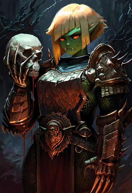 masterpiece, best quality, very aesthetic, dark,dark theme,fantasy,1girl,solo,orc woman,green skin,tusks,short hair,blonde hair,diagonal bangs,orange eyes,serious,muscular female,shaded face,full armor,shoulder armor,tabard,metal belt,upper body,clawed gauntlets,looking at viewer,breastplate,holding skull,blood,dripping,arms up,lightning <lora:ujac_n11:1>