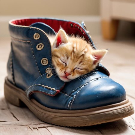 kitten sleeping in a shoe, masterpiece, 8k, high resolution, shallow depth of field, sharp focus