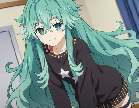 score_9, score_8_up, score_7_up, source_anime,
natsumikyouno,  <lora:natsumi-kyouno-s4s5-ponyxl-lora-nochekaiser:1>,
natsumi kyouno, long hair, very long hair, green hair, aqua hair, green eyes,
thighhighs, long sleeves, striped, star \(symbol\), sweater, striped thighhighs, star print,
indoors, bent over, smile,
looking at viewer, solo, cowboy shot, dutch angle,