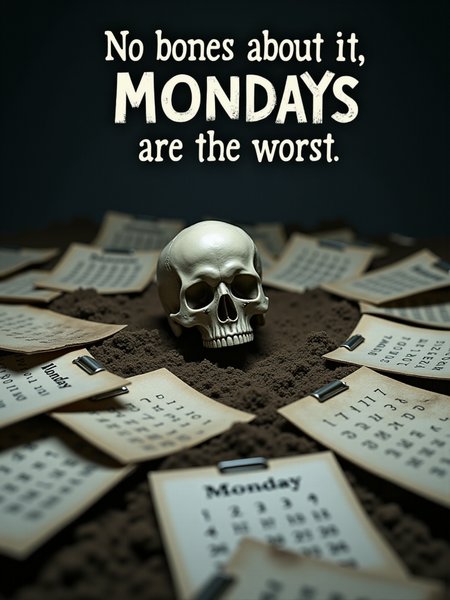 (the words "No bones about it, Mondays are the worst" in white at the top:2.0), a skeleton buried under a pile of Monday calendars, text focus, <lora:Text_Logo_-_Style:1>