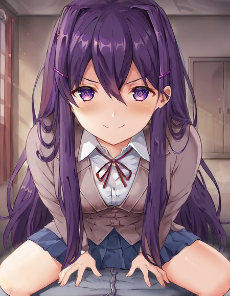 score_9, score_8_up, score_7_up, source_anime, <lora:ddlc-yuri-ingame-ponyxl-lora-nochekaiser:1>, yuri, yuri (doki doki literature club), hair ornament, hairclip, long hair, purple eyes, purple hair, hair intakes, hair between eyes, sidelocks, medium breasts,, skirt, shirt, ribbon, school uniform, jacket, white shirt, blue skirt, neck ribbon, wing collar,, city, buildings, streets, cars, people, , <lora:good-morning-my-brother-ponyxl-lora-nochekaiser:1> good morning my brother, good morning my brother! (meme), good morning, pajamas, hands on another's stomach, meme, straddling, leaning forward, pov, girl on top, blush, smile, smug, cowboy shot,, looking at viewer, solo,, dutch angle, cowboy shot