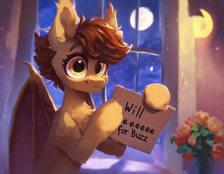 score_9, score_8_up, score_7_up, score_6_up, score_5_up, score_4_up,
source_pony, source_safe,
furry, colorful, a picture of a cute brown bat pony with big eyes in a window holding a sign saying "Will eeeee for Buzz.", ear fluff, brown fur, yellow eyes, fur tufts, night, stars, moon, volumetric lighting