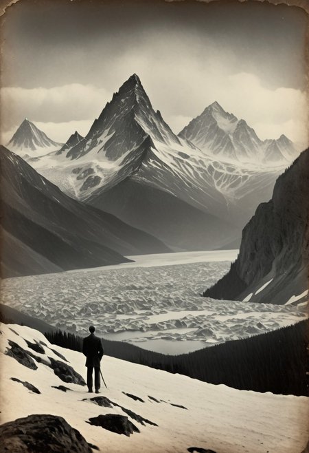 antique photo of mountain range in the distance, ice covered jagged mountain peaks, eerie atmosphere, lonely weanderer looking into the distance,  at the mountains of madness, , lovecraft horror