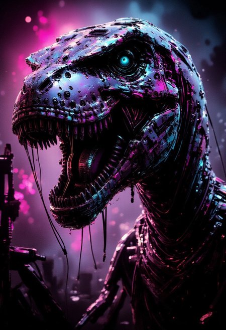 inksketch, silhouette art, ck-rw, in the style of ck-rw,, a_skynet_cyberdyne_systems_craft, the image is featuring a robotic cyberpunk dinosaur, titanium and chrome, robot wires and circuitry, robot joints, glowing lights, silhouetted, chiascuro, glowing eyes, dark abstract cyberpunk background