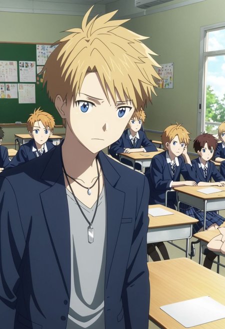 high resolution, professional photography, best quality, 1Boy, Yamato Ishida, blond hair, deep blue eyes, necklace, classroom, school, school uniform, OverallDetail