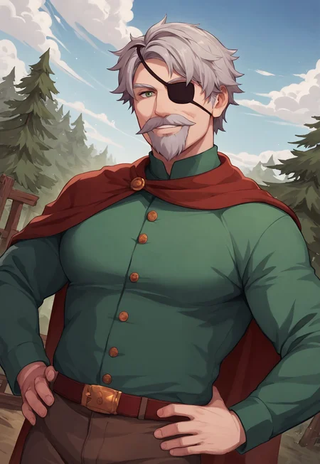 score_9, score_8_up, MarlonSV, medium hair, grey hair, green eyes, beard, mustache, eyepatch, mature male, muscular, red cape, green long sleeve shirt, belt, brown pants, looking at viewer, smile, dynamic pose, detailed background, dutch angle, upper body, cowboy shot, blue sky, clouds, forest, cabin, hands on hips, 