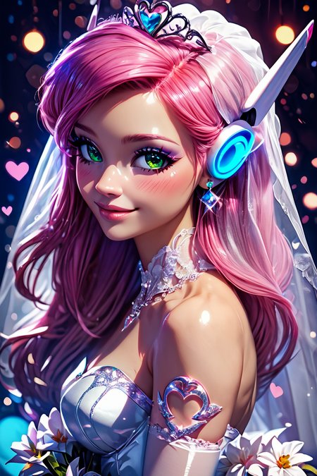 score_9, score_8_up, score_8, medium breasts, (curvy), cute, eyelashes,       BREAK, , zzNukuNuku, green eyes, pink hair, long hair, robot ears,  <lora:NukuNuku_PDXL:0.8>, , BREAK, (ultra realistic,32k, masterpiece:1.2),(high detailed skin:1.1),( high quality:1.1), curvy, head tilt, hearts, blush, lips, curvy, head tilt, shiny clothes, (upper body), looking at viewer, bokeh, luminescent background, smile, looking at viewer,  bride, wedding dress, bridal veil, strapless dress, elbow gloves,  holding bouquet,  hearts, white outline, cowboy shot, embedding:zPDXL, Expressiveh,  <lora:RlAnmPDXL:1.0>,