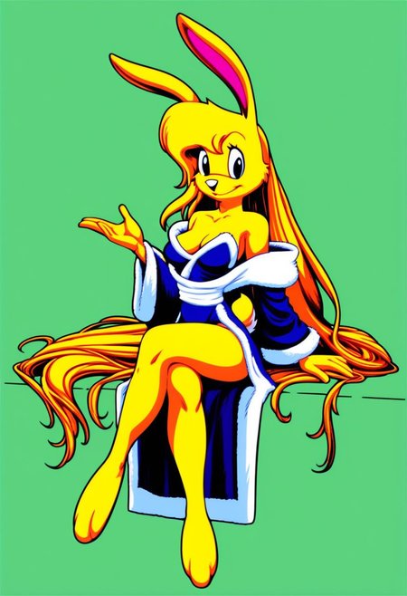 score_9, score_8_up, score_7_up, score_6_up, score_5_up, score_4_up, retro artstyle, BREAK 
LoriJackRabbitPXL, rabbit girl, long blonde hair, yellow fur,1girl, solo, breasts, yellow hair, furry female, furry, sitting, long hair, very long hair, green background, crossed legs, black eyes, animal ears,rabbit tail, smile, robe, wide sleeves, full body, animal nose, cleavage, looking at viewer, off shoulder, absurdly long hair, closed mouth,yellow fur,rabbit girl,rabbit ears, medium breasts,rabbit tail, eyeshadow, dress, flat color, no bra, simple background, bare shoulders, body fur
<lora:lorijackrabbit-v1:0.9>