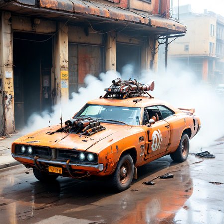 <lora:evidecrepPunk:1> evi@decrepPunk ,car flying above city, from above,    Robotic orange car made of rusted old metal and gears and leaking decaying batteries in a post-apocalyptic weathered decaying world, white middle stripe, muscle car, mustang, dolorean, 1969 dodge charger  with white stripe, humoristicsetting, highly detailed, sharp focus, photograph, 8k resolution, cinematic lighting, , night, dark exhaust smoke, black oil dripping