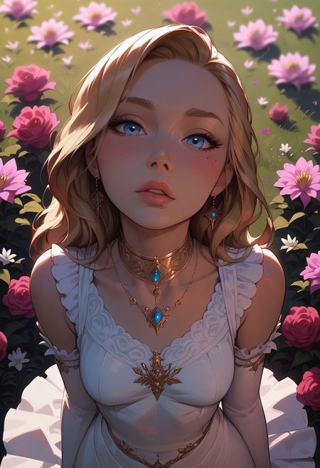 (score_9, score_8_up, score_7_up), g0thicPXL, lilandavastyle, Expressiveh, 
from above, detailed background, face portrait, detailed face, flower field, renaissance clothes,
BREAK 
1girl, sexy girl, long blonde hair, blue eyes, blush, light makeup, colour theory, (small breasts),