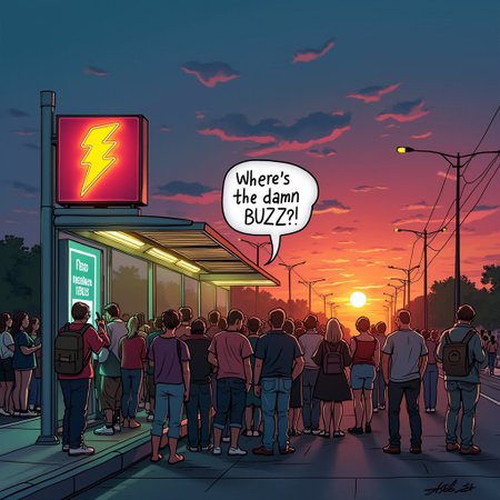 A picture of a crowded bus stop during sunset. In the upper side of the bus stop a neon light sign of a lightning bolt logo. From the crowd of people an speech balloon appears and says: "Where's the damn BUZZ?!"