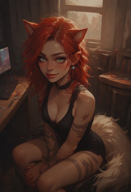 (score_9, score_8_up, score_7_up, from above,
Red hair, dark hair, two toned hair, medium breasts, looking back at viewer, Solo, 1girl, choker, collar, shock collar, Marked Tattoo, Tattoo, Sitting, Arcanine ears, Arcanine tail, pet, pet play, bdsm, Light skin, Neko, Green Eyes, Arcanine eyes, Dog Ears, Dog Tail
Jacket Shirt, bare chest, smiling, 
Indoors, College, Dorm, Desk, Chair, Keyboard, Mouse (PC), RGB, Gamer, Neon. Laptop, HDA_pet_play
