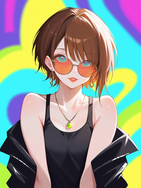 Digital illustration featuring a young woman with fair skin and shoulder-length brown hair. She is wearing round sunglasses with a reflective tint, a black tank top with the word 'Thalai' in white script, and a black jacket draped over her shoulders. She has a delicate necklace with a small pendant and hoop earrings. The background is a colorful graffiti wall with various abstract shapes and vibrant hues of blue, pink, and green. The overall style is modern and edgy, with a focus on urban fashion and street art.. easynegative, sinozick style, flat color, dark theme, (eyes visible through eyewear),  <lora:neorarty3_style_pony:1>