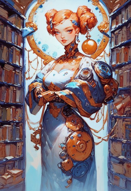 score_9, score_8_up, score_7_up, score_6_up, wide shot, gorgeous woman, librarian, 1girl, mechanical parts, renaisance dress, insane library, 
in the style of kim-jjung gi, 
, oil painting by norman rockwell .