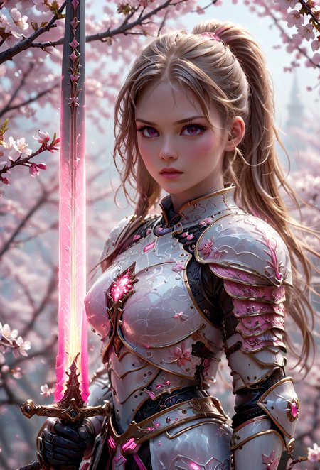 amazing quality, masterpiece, best quality, hyper detailed, ultra detailed, UHD, perfect anatomy, blurry background, outdoor,( cherry blossoms:0.6), fog, studio lighting, bright foreground, face to viewer, background light,
(pink hybrid white) armor, female, pink eyes, holding, sword with ral-elctryzt, ponytail, glowing, shine, dazzling, (on side:1.2), dark blond hair, highlights,
<lora:FantasyKnightsHKStyle:0.85>, HKStyle,
<lora:add-detail-xl:0.75>,
<lora:EnvyBetterHiresFixXL01:0.75>,
<lora:extremely_detailed:1.5>, extremely detailed,
<lora:ral-elctryzt-sdxl:0.6>,