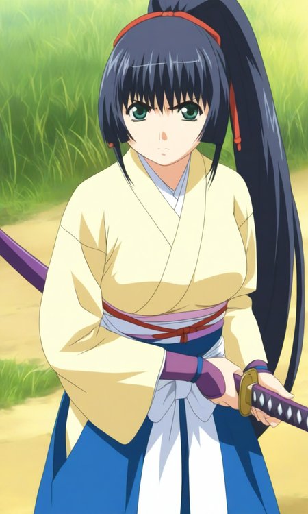 general,highres, ultra-detailed,very aesthetic,best quality ,best hands, BREAK <lora:Kurama-hime_Hininden_Gausu_IS:1>
Kurama-hime(Gausu), 1girl, solo, long hair, ponytail, sidelocks, bangs, blue black hair, hair ribbon, red ribbon, green eyes, medium breasts,
weapon, sword, ribbon, upper body, nature, katana, sheath
japanese clothes, pink kote, Yellow kimono, long sleeves, hakama skirt, blue hakama, white sash,
serious,looking at viewer, cowboy_Shot,
natural, grass, day, outdoor,
