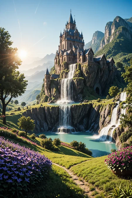 the most beautiful landscape, fantasy, ((very detailed)), sharp focus, sharp background,  best quality, valley, meadow, fountain, peasant village, stunning nature environment, (bright sunny sky), high contrast, cinematic (lights), backlight, shadows, lens flare, vibrant colors, colorful, Midnight Purple flowers and leaves,  <lora:add-detail-xl:1>  <lora:Better Blur Control:1>