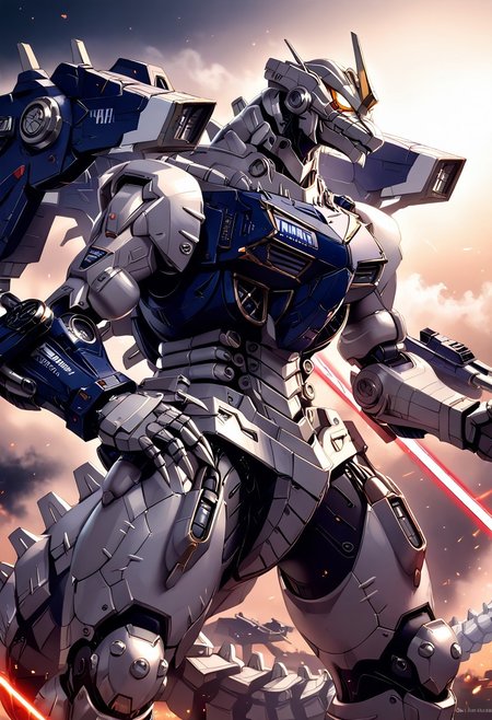 score_9, score_8_up, score_7_up, score_6_up, source_anime, rating_safe, aesthetic, 16K, dramatic lighting, Kiryu, robot, dragon, fighting stance, flames, rampage, mecha, cannons, laser, smoke, (((supermechagodzilla))),(((cannon fuse his back))),(((sword energy his hand)))