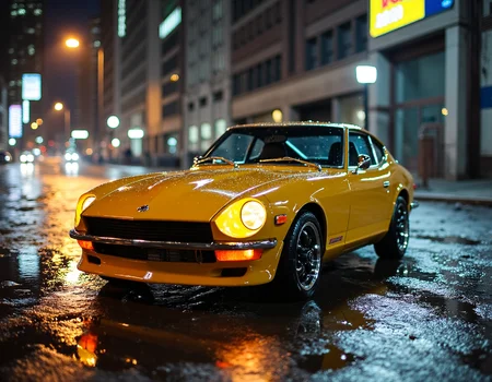 A classic 1972 Nissan Datsun 240Z Fairlady, bathed in the warm glow of streetlights.  The car is a vibrant yellow, its paint gleaming despite the rain.  Water droplets cling to the sleek lines of the 240Z, reflecting the city lights in a mesmerizing dance.  The car sits poised on a rain-slicked asphalt road, its headlights cutting through the mist.  A backdrop of towering city buildings, blurred by the rain, adds depth and atmosphere. The scene evokes a sense of nostalgia and the allure of a bygone era.