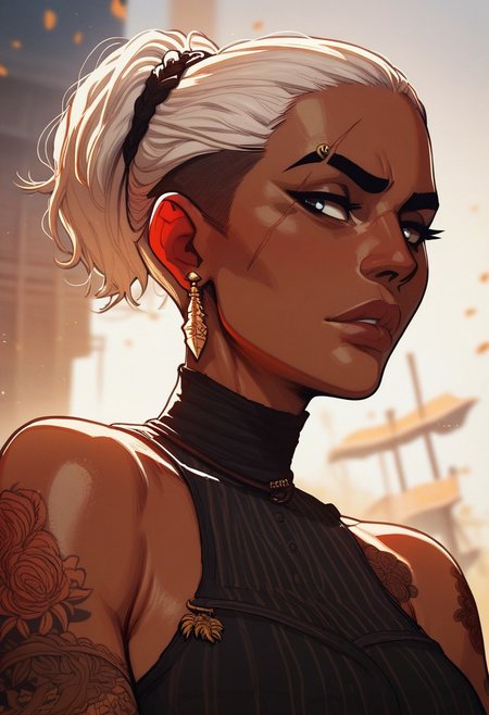 score_9, score_8_up, score_8, score_7_up, score_7, score_6_up, score_6, score_5_up, Score_5, beautiful woman, dark-skinned female, short hair, high ponytail, buzz cut, earrings, jewelry, clear eyes, eye scar, scars, very dark skin, bare shoulders, white hair, glowing tattoos, pirates tattoo, arms tattooed, tattoos, pirate hat, lots of accessories, jewelry, bandannas, lots of earrings, pierced eyebrow, body tattoos, vox machine style, 1girl, female focus, solo, close up portrait, fantasy, old mansion background, (dynamic lighting:1.1)
((masterpiece))