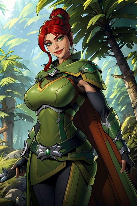 masterpiece,best quality,extreme detail,8k,image sharpness,<lora:Cassie:0.8>,cassie2,1girl,solo,smile,gloves,green eyes,weapon,red hair,belt,hair bun,cape,armor,tree,single hair bun,nature,forest,green cape,crossbow,