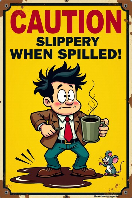 "Visualize a brightly colored vintage safety sign featuring a wide-eyed cartoon character, a frazzled-looking office worker with wild hair, precariously balancing an overflowing, steaming mug of coffee. The sign reads in bold, slightly distressed red lettering: 'CAUTION! Slippery When Spilled!' Below, a cartoonish puddle of dark brown liquid is depicted with radiating heat lines. The background is a cheerful yellow with a thick black border. The cartoon style should evoke the charm of mid-20th-century animation, with bold black outlines, simple shading, and expressive, slightly exaggerated features. Include small details like a dropped pen and a startled mouse witnessing the near-disaster. 8k resolution, vintage cartoon style, bright and attention-grabbing, emphasizing the potential hazard of spilled coffee."  <lora:REMEs_War_Poster_Style:0.95> In REME's War Poster Style,âââ