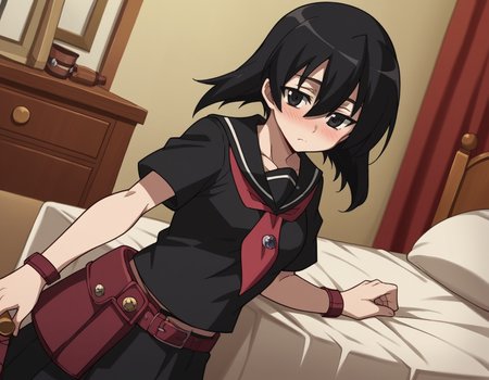 score_9, score_8_up, score_7_up, source_anime,
agkkurome, <lora:agk-kurome-s1-ponyxl-lora-nochekaiser:1>,
kurome, short hair, black hair, black eyes, hair between eyes,
skirt, school uniform, serafuku, belt, black serafuku, short sleeves, belt, black skirt, neckerchief, red neckerchief,
indoors, bed, bed room, on side, blush, drunk,
cowboy shot, solo, dutch angle, looking at viewer,