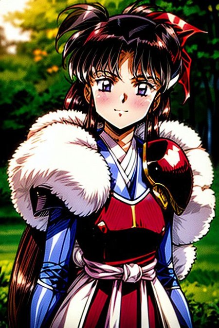 best quality 1girl Setsun4 solo long hair,  (night time) forest background black hair very long hair purple eyes multicolored hair armor, small, (fur trim) (medium body),<lora:EMS-179-EMS:0.800000>,<lora:EMS-293862-EMS:0.800000> bow, hair_bow, hair_tubes, red_bow, brown_hair, long_hair, bangs, ascot, frilled_bow, yellow_ascot, blush, smile, hair_between_eyes, athletic, armor, miko, strengthmda,  Smiling, happy, helmet