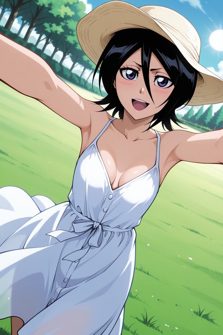 newest, masterpiece, best quality, 4k, indoors, very aesthetic, detailed background,  1girl, solo, <lora:Rukia Kuchiki - Bleach:1> ruk1a, kuchiki rukia, black hair, short hair, hair between eyes, purple eyes, blush,  outside, day, park, Rukia Kuchiki from bleach,  (((bleach art style))), cleavage, white sun dress, sun dress, cowboy shot, looking at viewer, dutch angle, above angle,  happy, grass, trees,  arms out, sun hat, above perspective,
